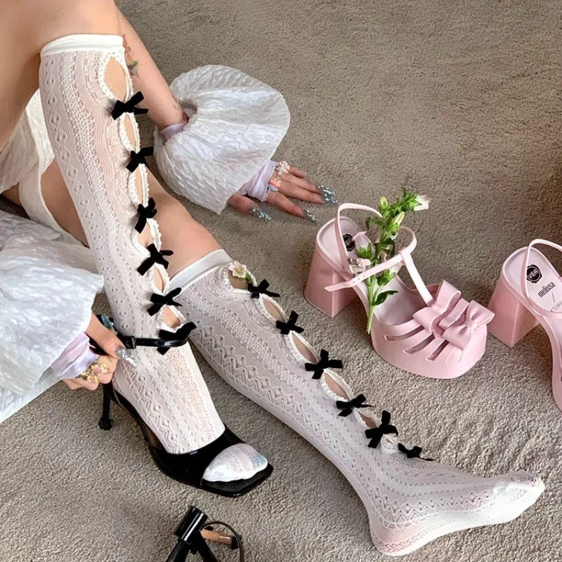 2026 New Women Slimming Retro Thigh High Socks, Flocked Bow Lace Cutout High Socks, Sweet Harajuku Lolita Aesthetic Stockings