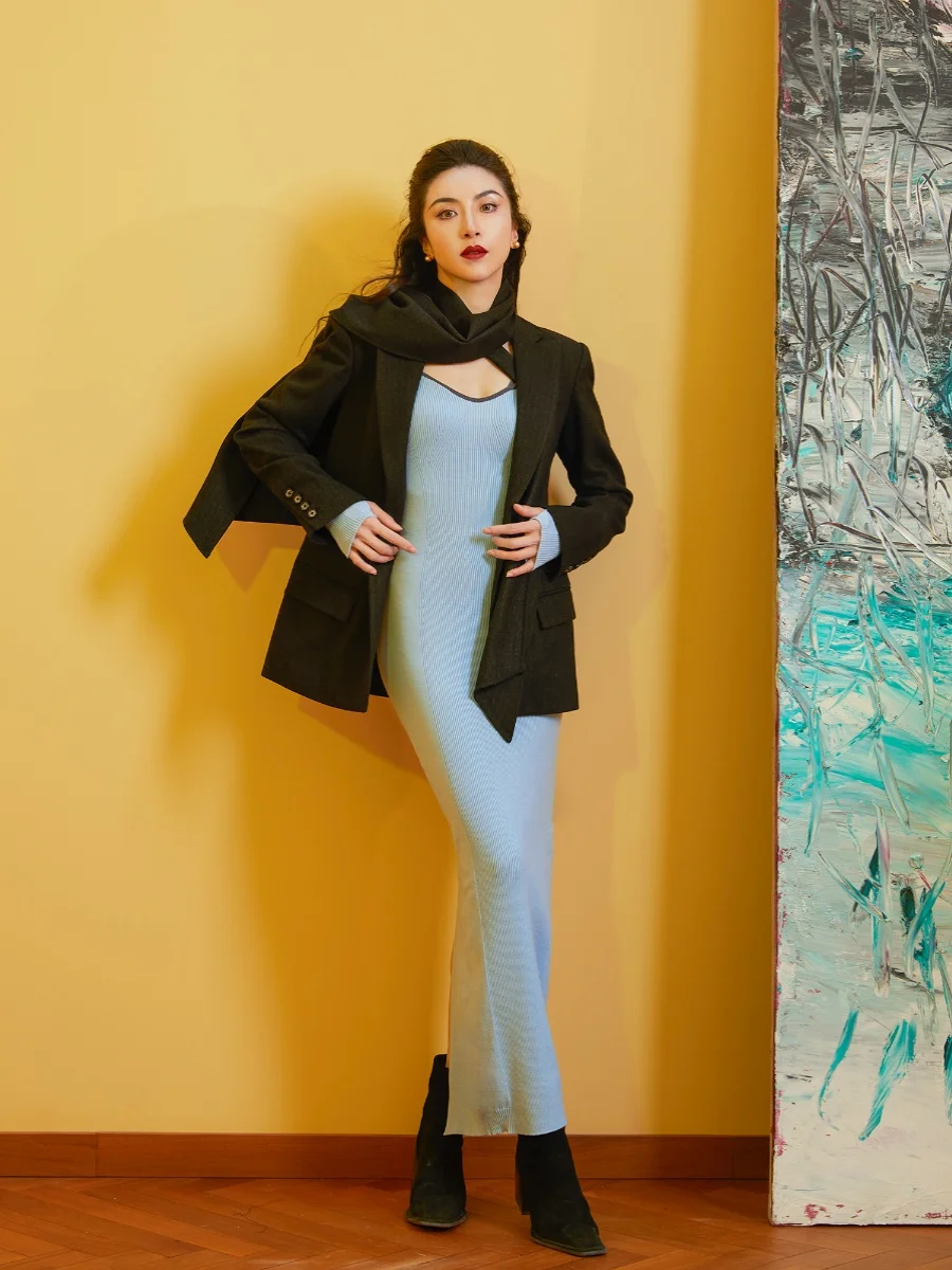 

Detachable Woolen Scarf Deep ey Trench Coat Sle Long Sve Women's Suit Commute Faion Simple ape Cosy Quali