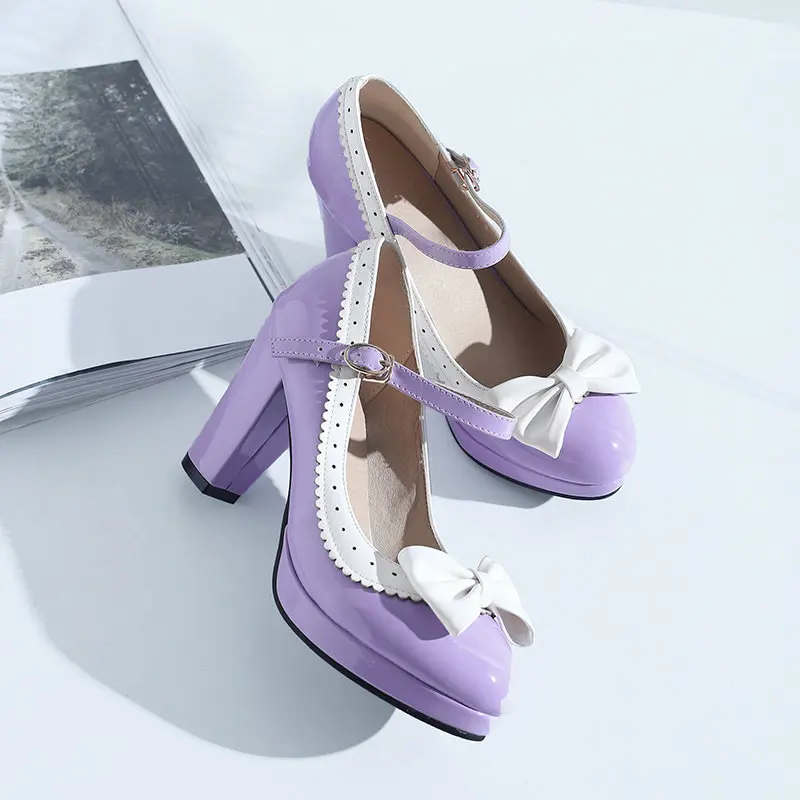 

Lolita Sweet Bow Mary Jane Heels Patent Leather Block Heel Pumps Ankle Strap Round Toe Shoes For Women
