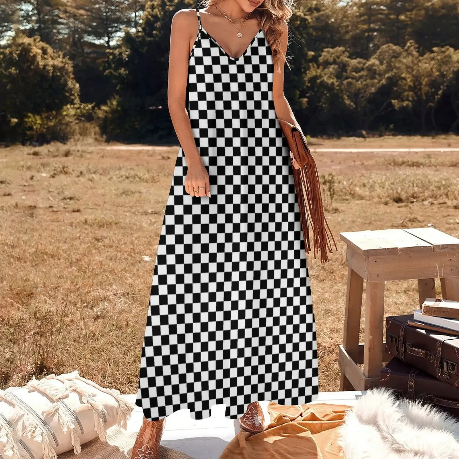 Black White Checker Design Bedspread - Mini Chess Sticker Sleeveless Dress beach outfits for women Dress for girls Dress