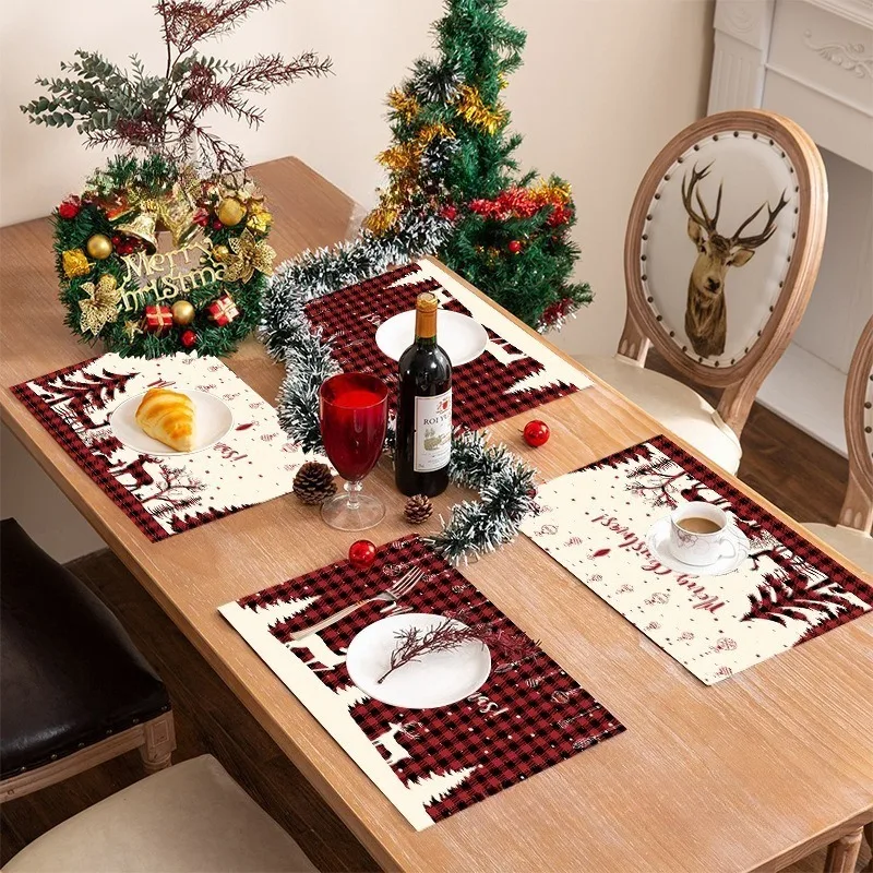 New Christmas Placemat with Santa Linen Stain-resistant and Heat-insulating Perfect for Dining Tables and Home Use 10PCS