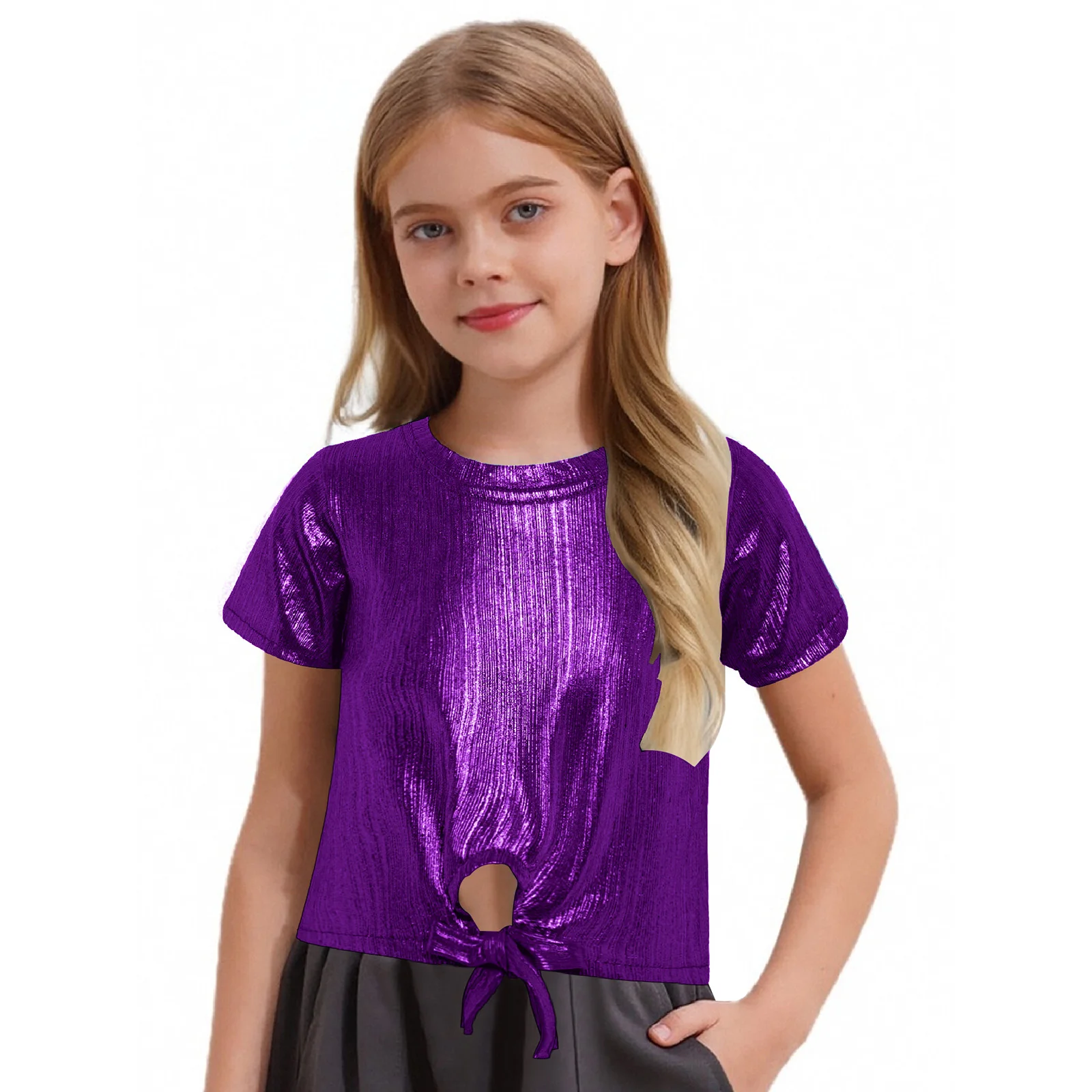 

Kids Girls Jazz Hip-Hop Dancewear Short Sleeve Lace-up Keyhole Hem Jazz Dance T-shirt Crop Top for Jazz Dance Stage Performance