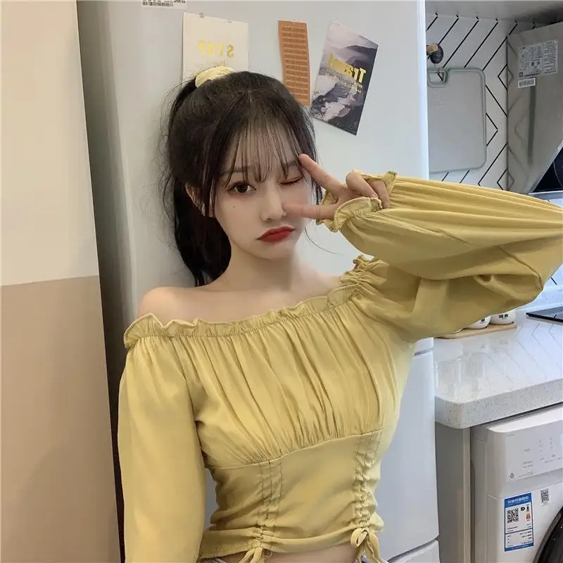 Blouses Women Off Shoulder Sexy Y2k Slash Neck Spring Cropped Female Dating Streetwear Vacation Clothing Students Korean Style