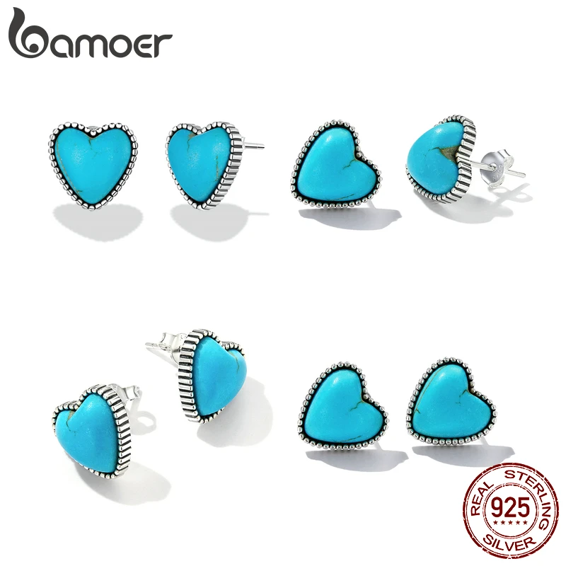 BAMOER Silver Turquoise Stud Earrings for Women 925 Sterling Silver Heart Ear Buckle Square Pattern Hoop Earrings Gift Jewelry