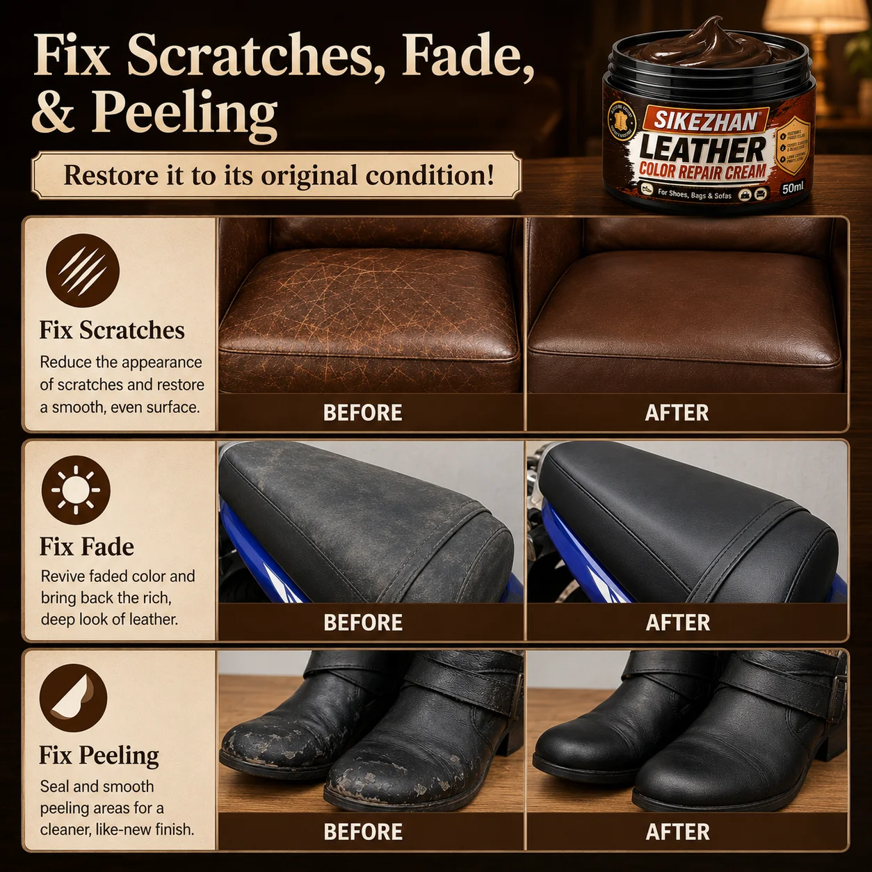 Leather Color Repair Cream for Shoes Bags Sofas, 50ml Leather Recolor Balm with Brush Sponge Gloves, 4 Colors Available view 2