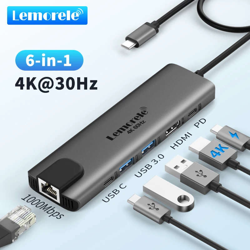 Lemorele TC44L 6 in-1 USB 3.0 HUB Type C Docking Station 4K@60Hz HDMI2.0 RJ45 1000Mbps Ethernet SD/TF Slot Macbook Pro Laptop