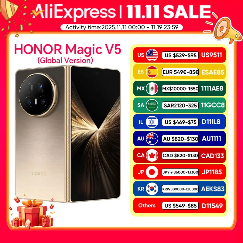 2025 New HONOR Magic V5 Global Version Snapdragon 8 Elite 7.95'' Dual HDR OLED Display 5820mAh Battery 66W Wired 50W Wireless NFC