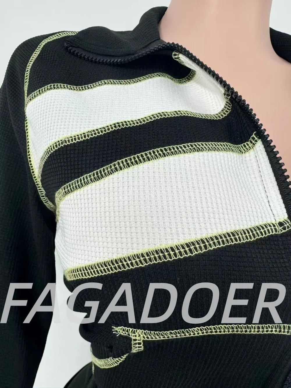 FAGADOER Autumn New Casual 2 Pieces Set for Woman Outfits Color Block Zipper Long Sleeve Crop Top and Shorts Female Streetwear