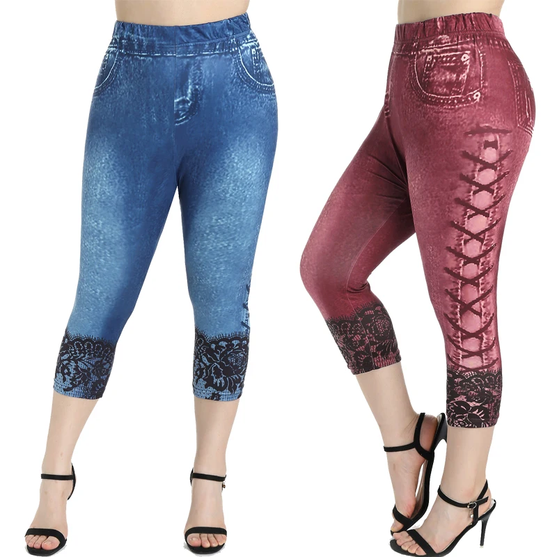 ROSEGAL-Leggings Capri de cintura alta para mujer, pantalones de lápiz con estampado 3D de mezclilla, S-5XL, sin costuras, 5XL