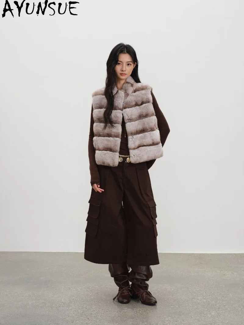 AYUSNUE Women Rex Rabbit Fur Vest Stand Collar Loose Fit Retro Short Fur Outerwear Sleeveless Waistcoat Winter Fashion New 2026