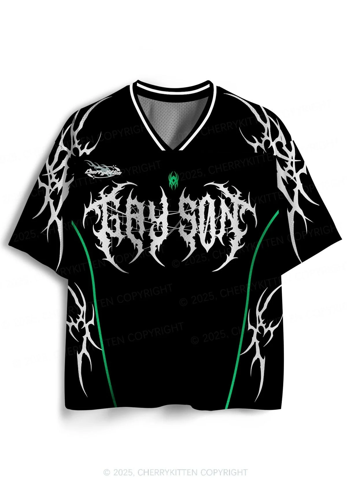 2026 Grayson, New Jersey 88 Dark Gothic Thorn Tribe Print Black Green Mesh V-neck Y2K T-shirt for Adults and Children