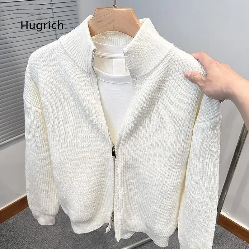 Versatile Solid Color Zip Up Knit Cardigan For Men Slim Fit Sweater Coat With Stand Collar Half High Neck For Autumn And Winter