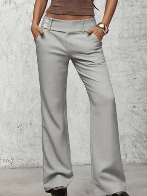 Ladies Solid Color High‑Rise Flare Trousers Double Buttons Waist Design Business Casual Pants For Women Work Office Wear With Si