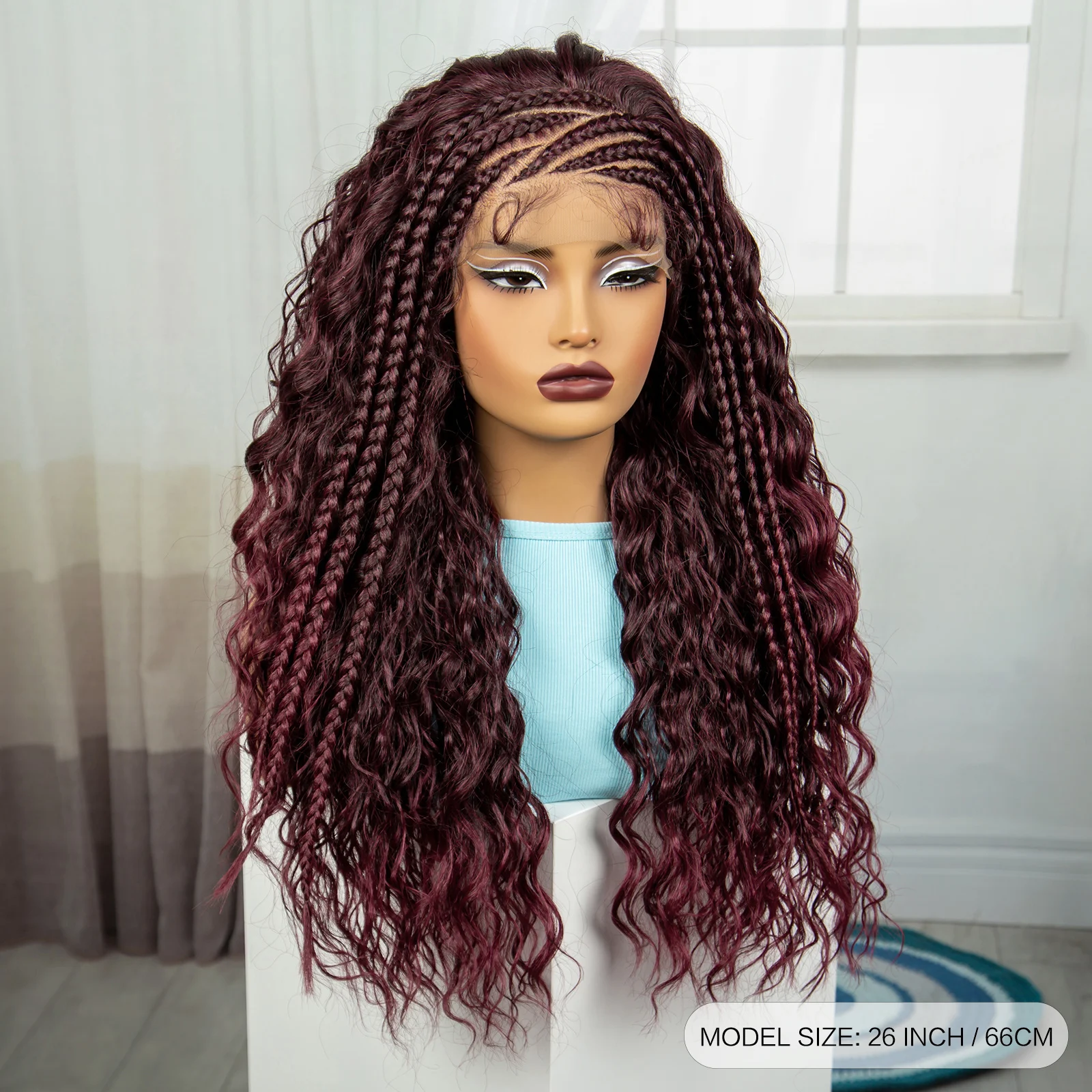 Burgundy Water Wave 26 Inch Synthetic Braided Wig Lace Braided Wigs Curly Knotless Box Braids Wig With Baby Hair for Black Woman