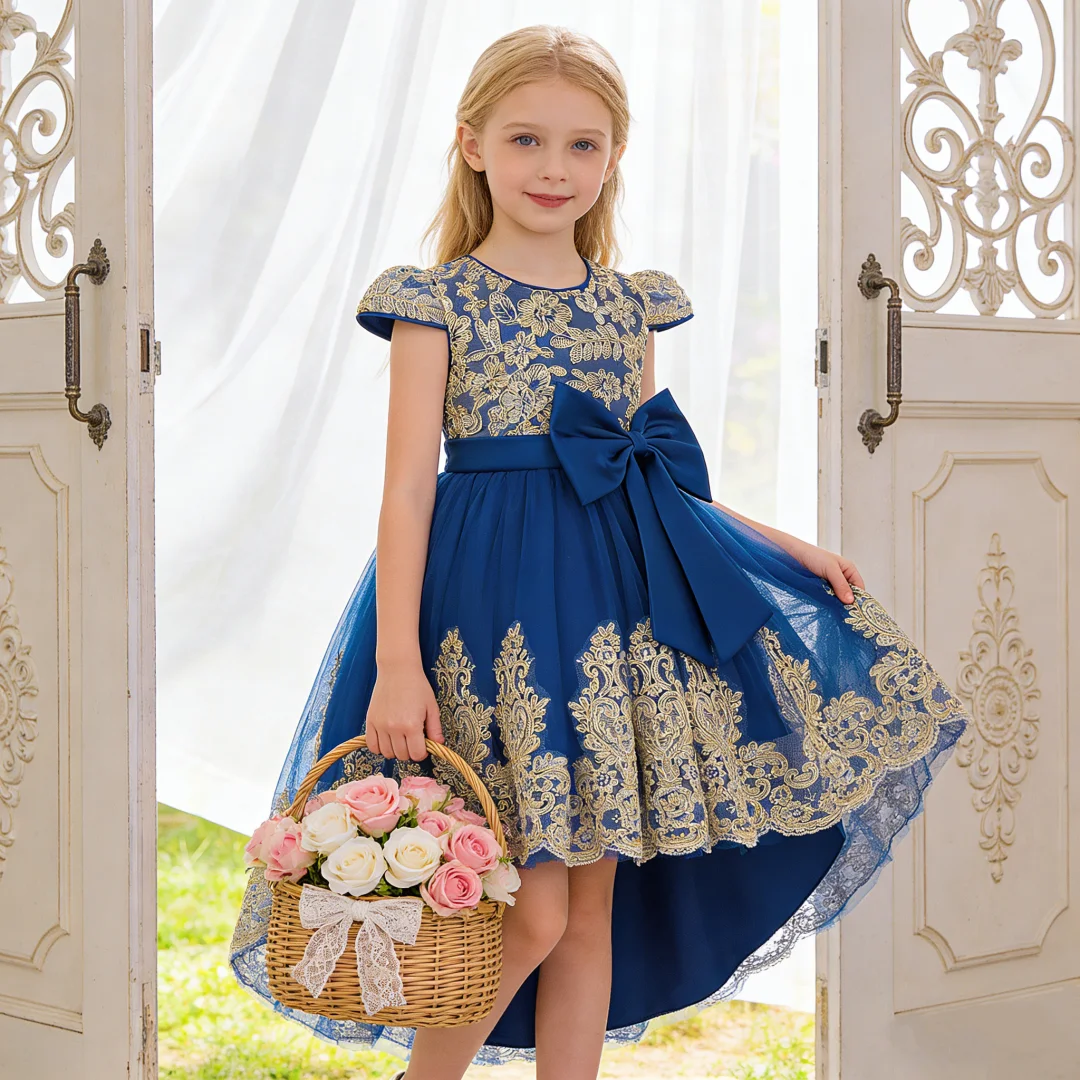 Girls Birthday Dress Embroidered Bow Lace Festival Golden Edge Embroidered Tail Pongsa Skirt Piano Performance Dress