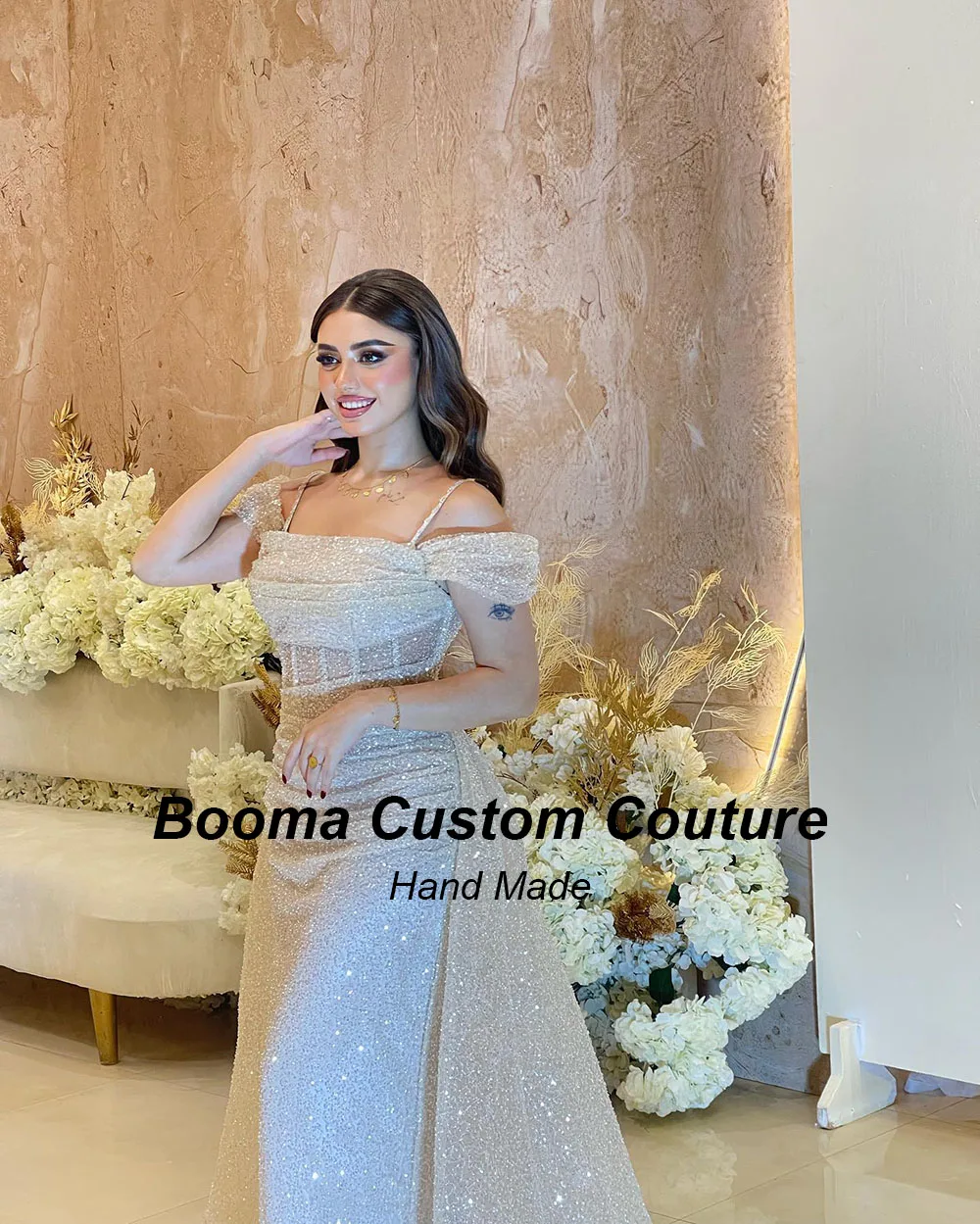 Booma Glitter Women\'s Evening Dresses Off Shoulder Boning Formal Dresses Dubai Sequined Wedding Party Dress for Women Customize