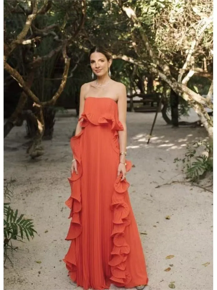 

Elegant Pleated Chest Wrapped Long Dress Women's Summer New Sexy Sleeveless Off Shoulder Fashionable Ruffled Hem Party Dress