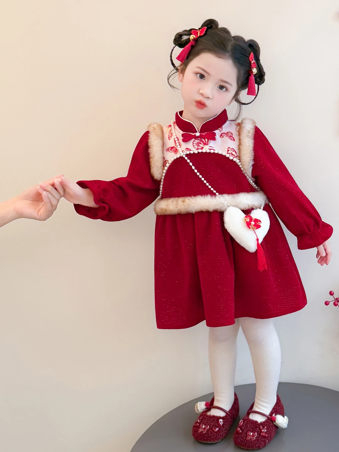 

Girls Winter Thiened Fce Lined Red Pearl Dr Baby Girl's Faionable Traditional Chinese Sle Clothing