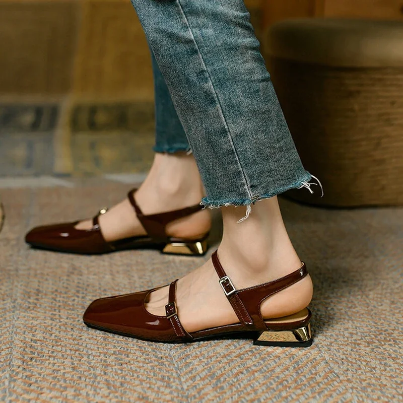 NEW Summer Women Sandals Square Toe Low Heel Shoes Patent Leather Shoes for Woemn Cover Toe Slingback Shoes Designer Sandals