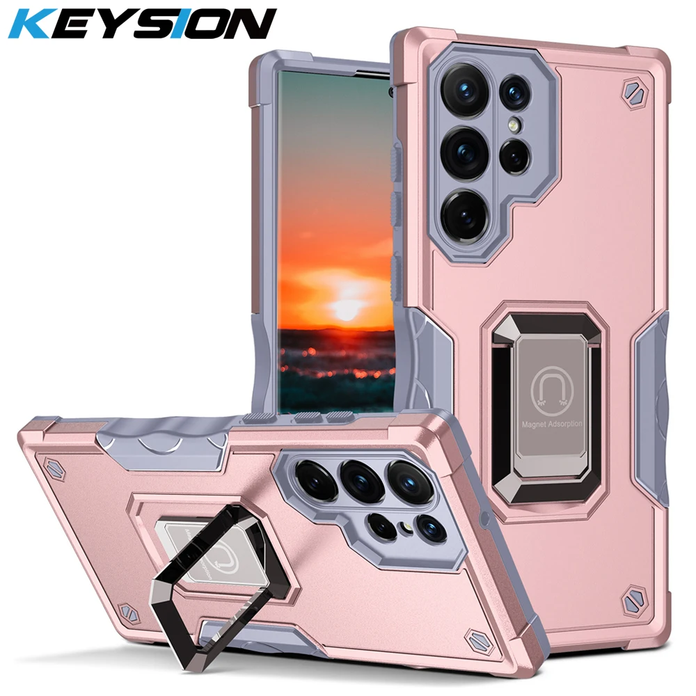 

KEYSION Shockproof Armor Case for Samsung S24 Ultra 5G S23+ Ring Stand Camera Protection Phone Cover for Galaxy S22 Plus S21 FE