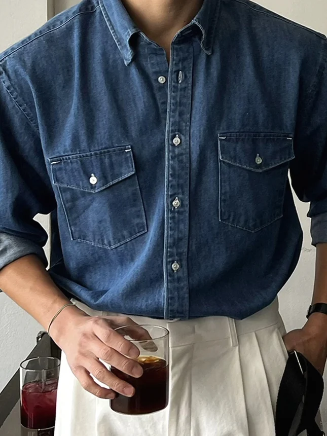 

Retro American Denim Shirt Men's Washed Faded Double Pocket Long Sleeve Outdoor Sports Sun Protection Wear Resistant Workwear