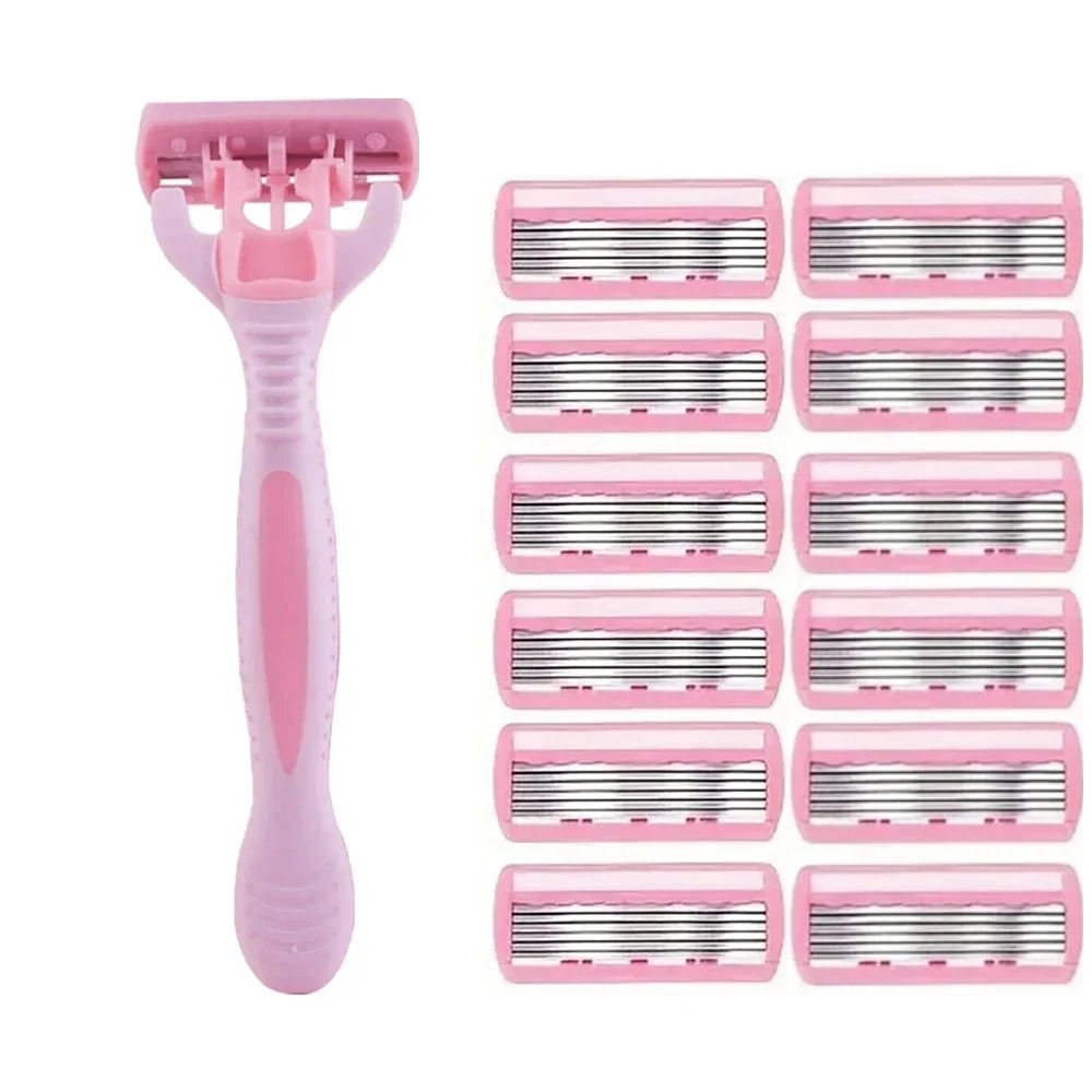 

12 Replaceable Head Blades 1 Razor Holder 6-Layer Pink Handle for Women Hair Removal Shavers Makeup Care Tools Wholesale