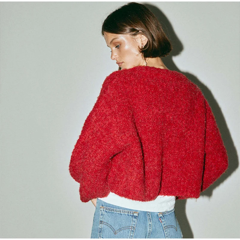 Retro Plush Single Breasted Cardigan Women Elegant Loose Solid O-neck Short Sweaters Female Winter Autumn Chic Street Knitwear