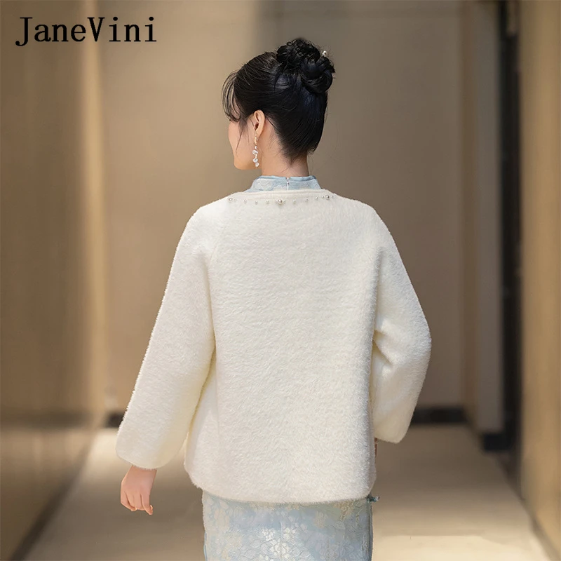 JaneVini 2024 겨울 아이보리 신부 웨딩 코트 재킷, 소매 포함, 리얼 밍크 모피 신부 볼레로 덴텔 카디건 탑, 여성 케이프