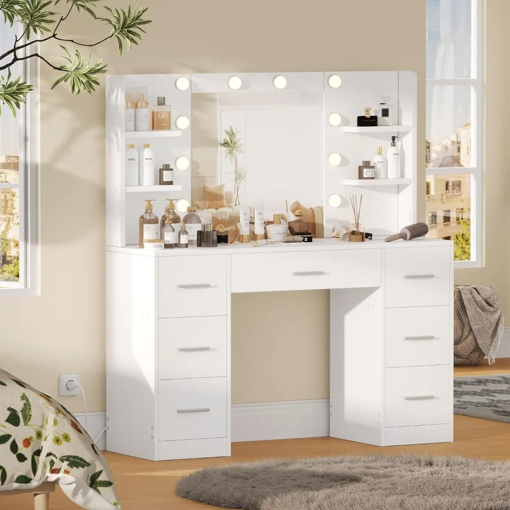 Dressing Table, Equipped with LED Lights and Metal Sliding Drawers, Adjustable Brightness, and Open Shelves Bedroom Furniture