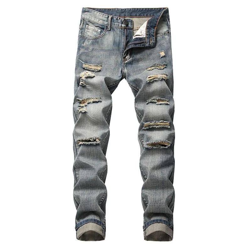 Spring and Autumn New Fashion Trend Retro Ripped Straight Leg Jeans Men's Casual Slim Comfortable Stretch High Quality Pants