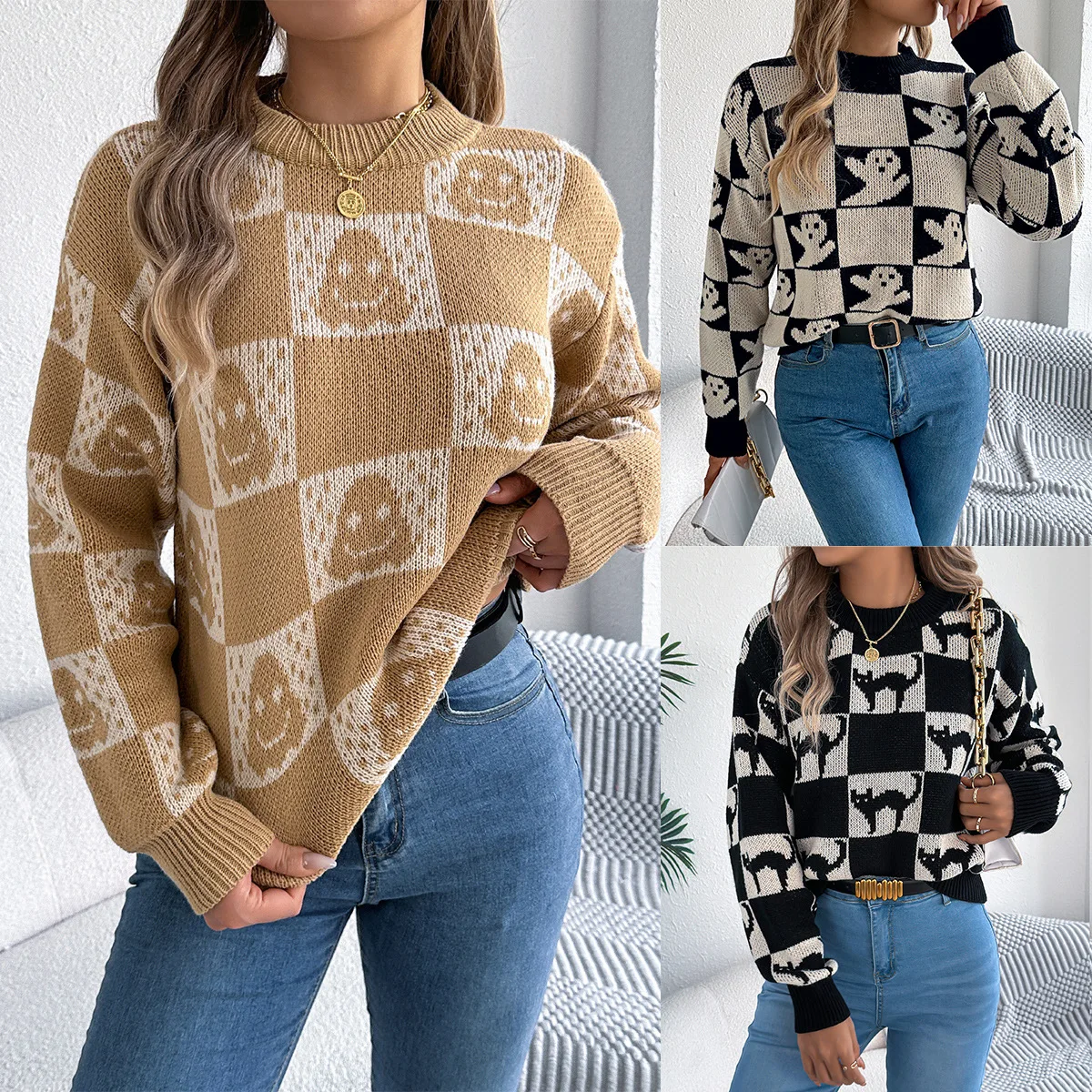 

Women's Knitted Top Sweaters 2025 Autumn/Winter Halloween Checkered Lantern Long Sleeve Sweater Sueter Feminino Kazak