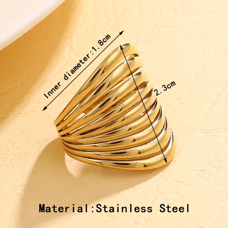 DLHP Stainless Steel Geometric Hollow Multilayer Wide Rings For Women Gold Plated Simple Smooth Open Rings Fashion Jewelry Gifts