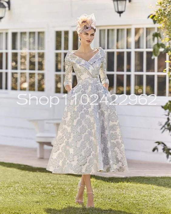 Tea-length Long Sleeve Mother of the Bride Dresses with Pocket Off Shoulder customsized Lace Floral Godmother Wedding Guest Gown