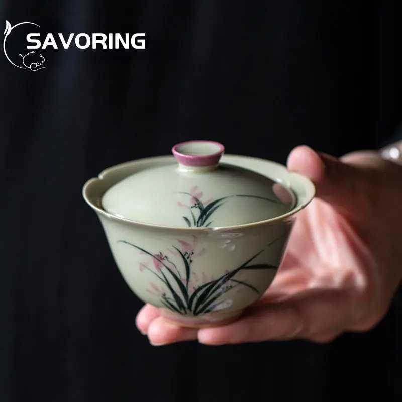 Pure Hand-painted Kuikou Plant Ash Tea Tureen Gaiwan Household Hand-made Tea Bowl Dehua Antique Mud Ceramic Kung Fu Tea Set