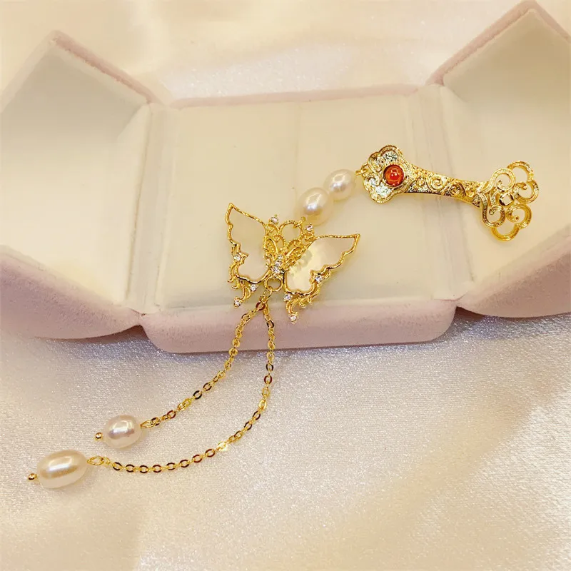 Palace Style Exquisite White Fritillaria Butterfly Pendant Pearl Long Tassel Ruyi Brooches for Women Jewelry Hanfu Accessories