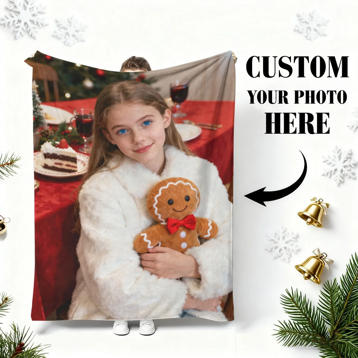 1 individuelle Weihnachts-Paar-Foto-Flanelldecke – hochauflösender Druck, das nicht verblasst, weich und hautfreundlich, maschinenwaschbar, geeignet für Schlafzimmerbetten, Schauen auf dem Sofa,