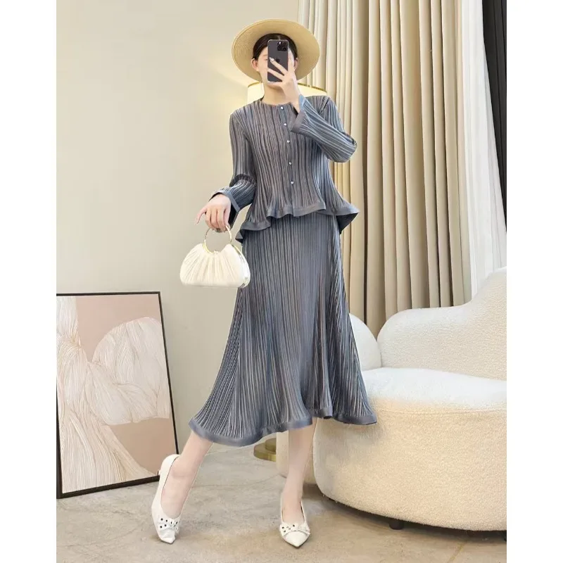 Miyake Fold 2025 Spring/Summer Collection Fold New Product Round Neck Long Sleeve Lace Top Versatile Design Lace Half Skirt