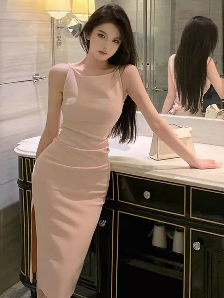 French stunning one shoulder pink dress women's summer slim fit waist tightening sweet and spicy girl sexy suspender MVEY