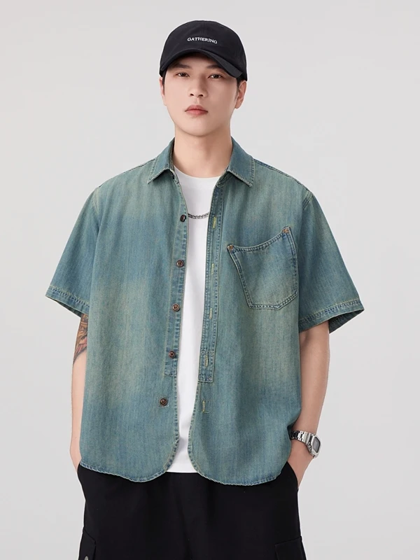 

Элитная модная джинсовая рубашка свободного кроя с коротким рукавом для мужчин, в японском ретро-стиле, повседневная, легкая, летняя