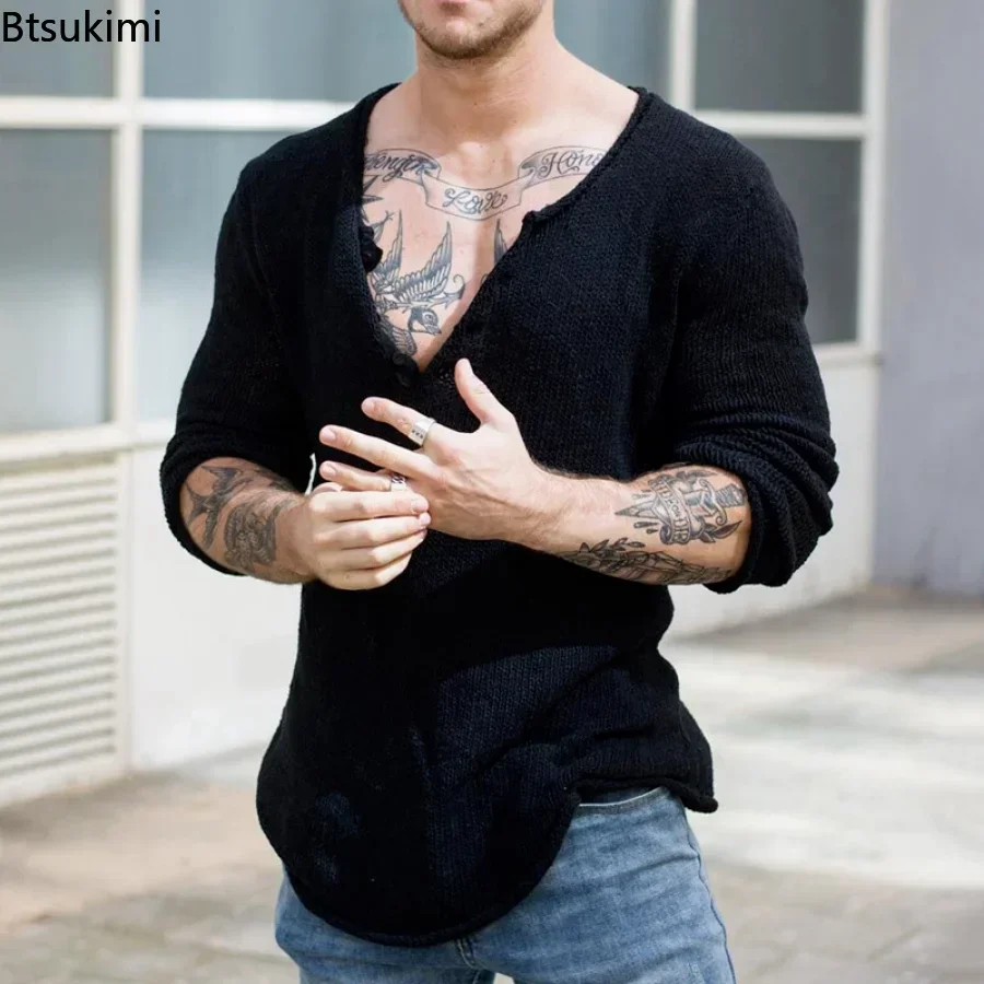 2025 Spring Autumn Mens Casual V-Neck Solid Sweater Fashion Knitted Pullover Tops For Men Harajuku Long Sleeve Jumper Streetwear