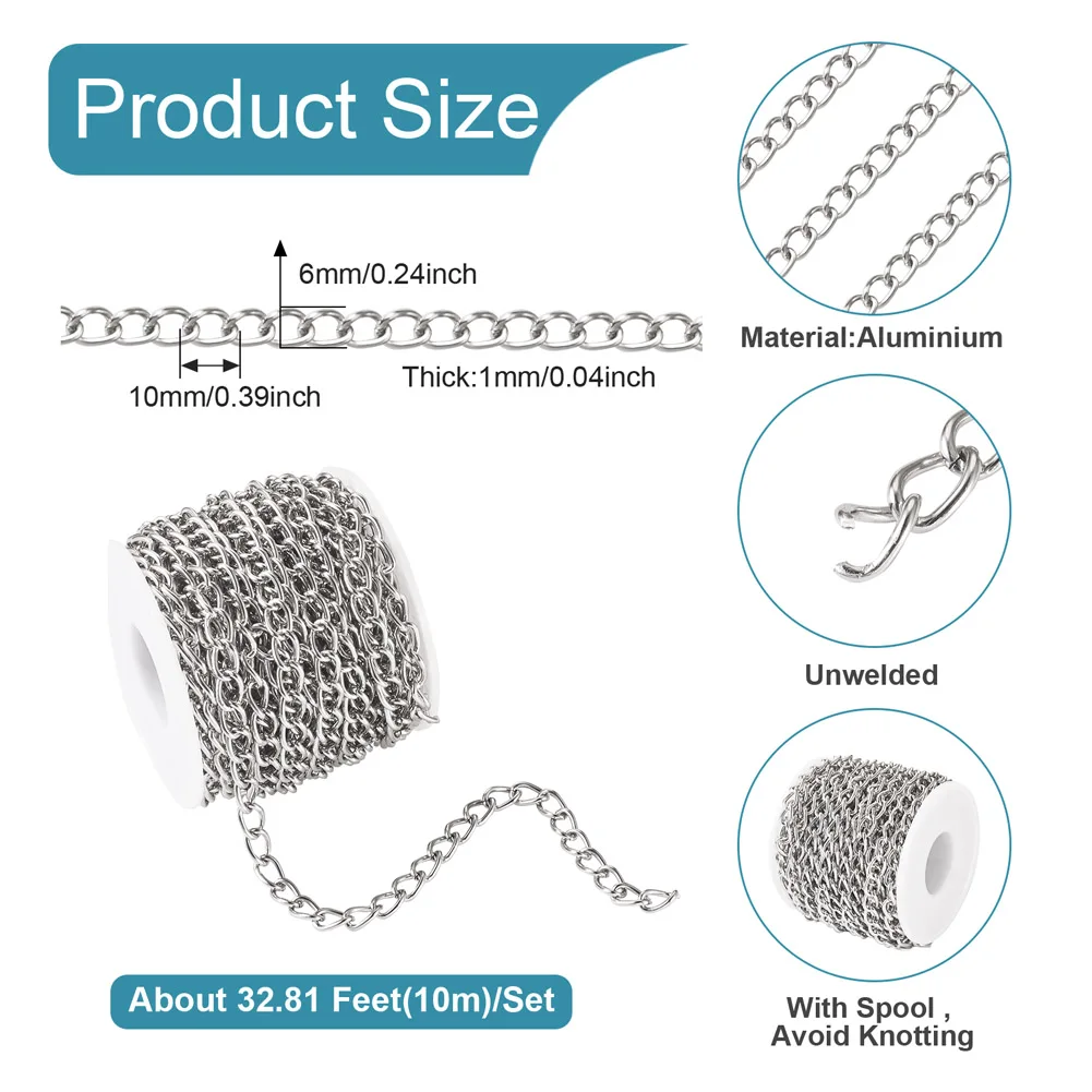 10m Aluminum Curb Chains Twisted Link Chain Unwelded Jewelry Chain for DIY Necklace Bracelet Making Findings