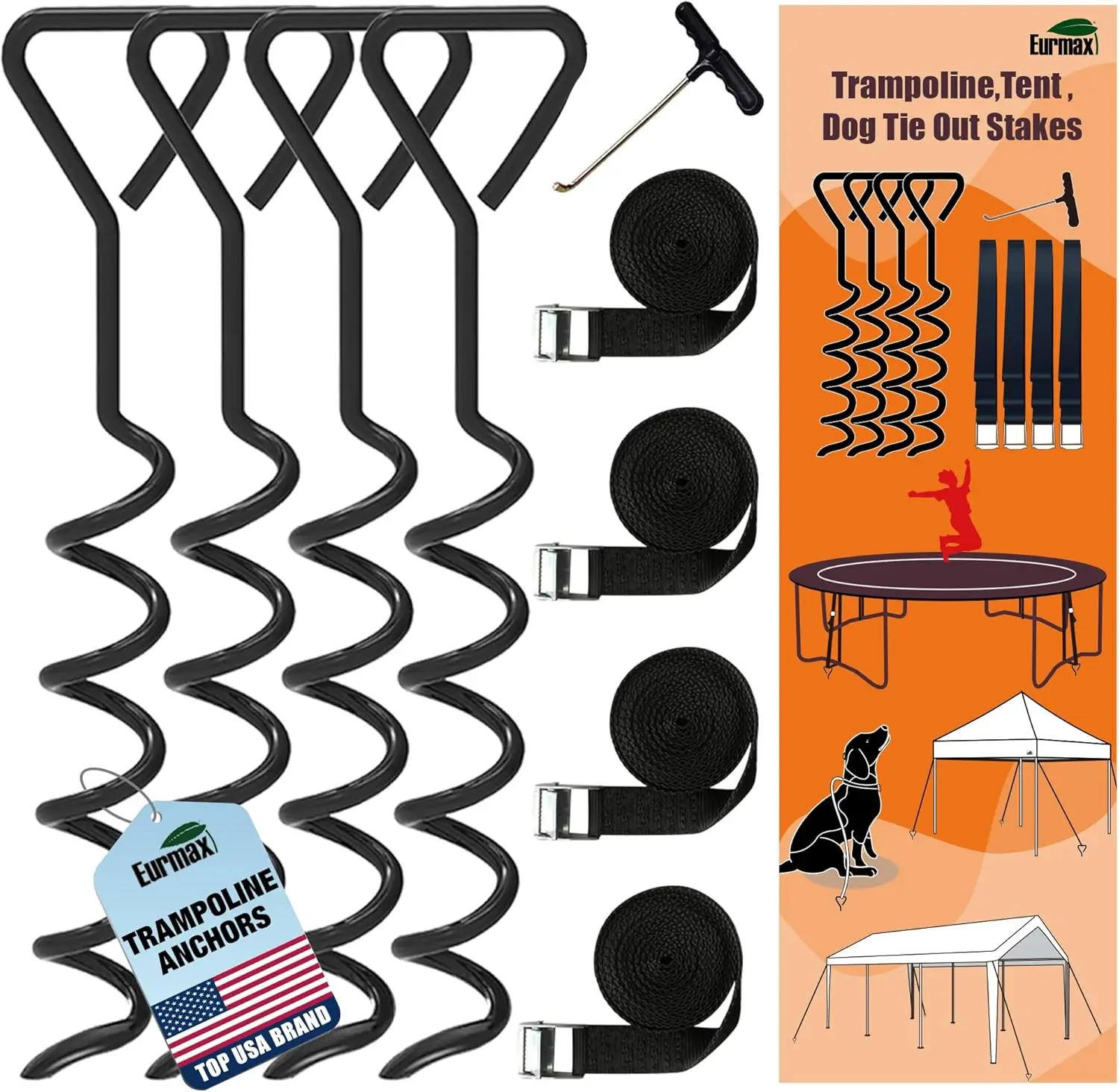 

Heavy Duty Trampoline Stakes Set of 4 with T Hook and Bonus Belts, Black Corkscrew Steel Anchors