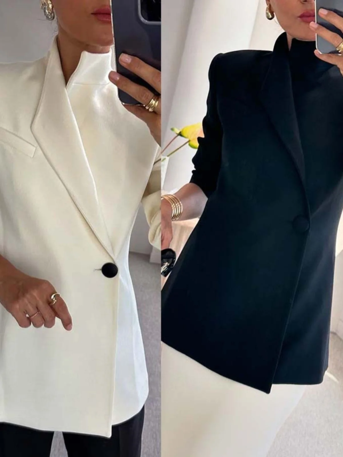 

Sexy Long Sve Slim Fit Satin Suit Women's Faionable Busin Casual Polyester Blend Button Detail Mid-Length Coat
