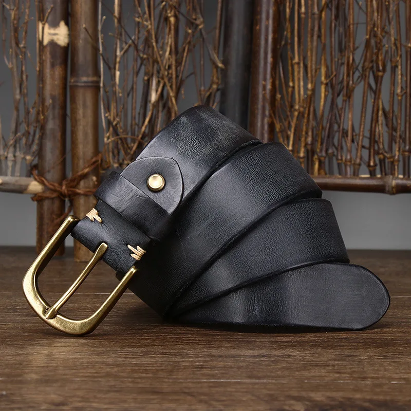 Vintage Cowhide Belt with 3.8CM Wide Copper Buckle for Men