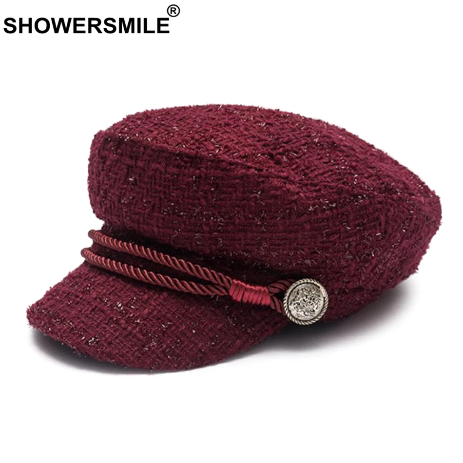 SHOWERSMILE Women Newsboy Caps Hat Burgundy Flat Caps Female Casual Captain Hats Ladies Designer Autumn Baker Boy Caps Black