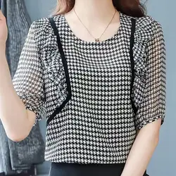 Summer Women's Pullover Round Neck Printing Chiffon Geometric Patchwork Short Sleeve Gauze T-shirt Elegant Loose Fashion Tops