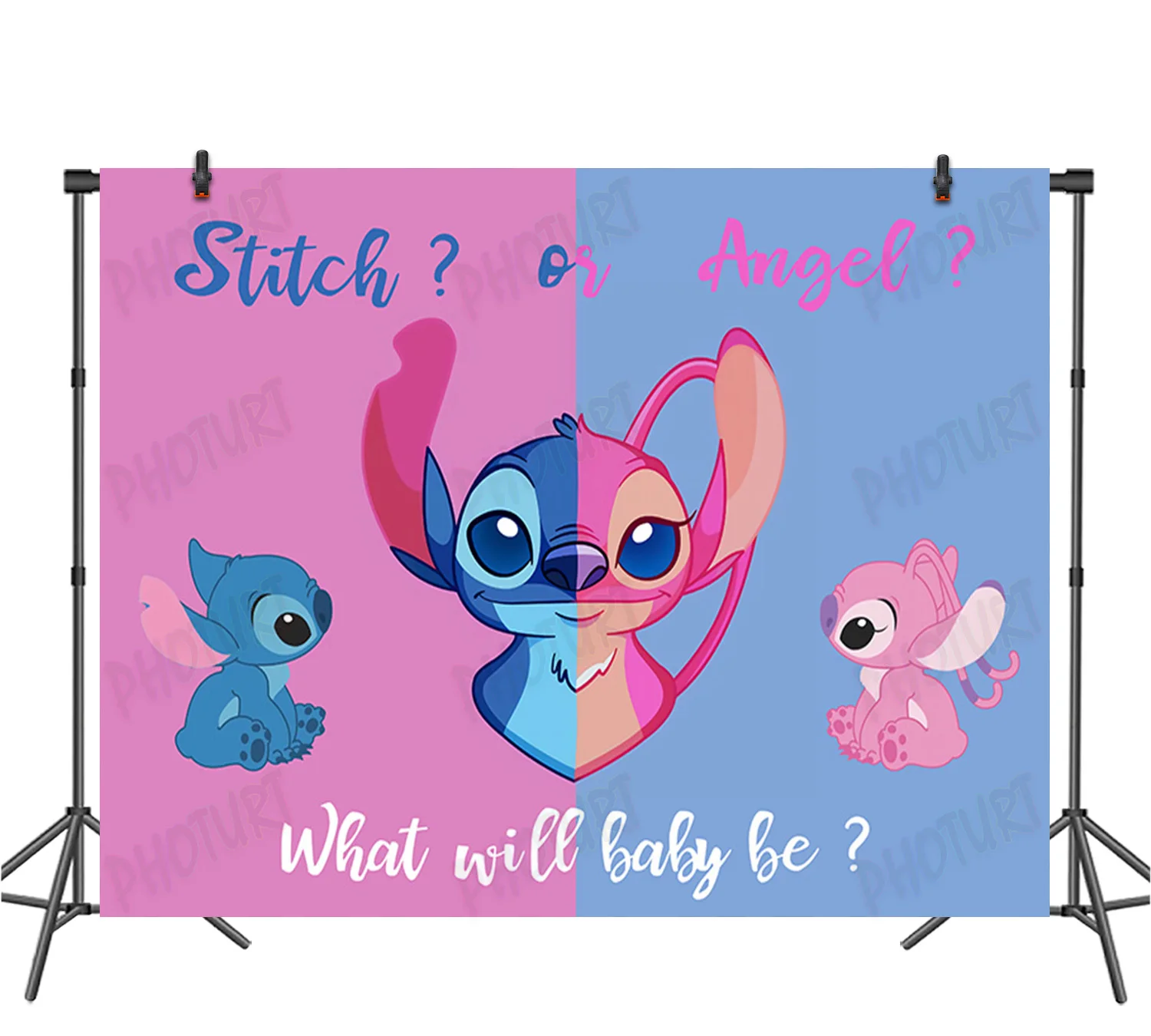 Disney Stitch or Angel Backdrop Baby Shower Gender Reveal Background Pink Blue Birthday Vinyl Polyester Photography Decor Props