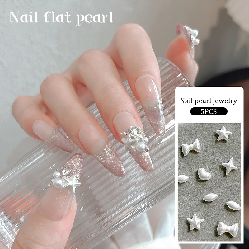 5 Pcs Glossy White 3d Flatback Pearls Star Love Bow Four-Pointed Star Nail Art Rhinestones Decorations Manicure Ornaments