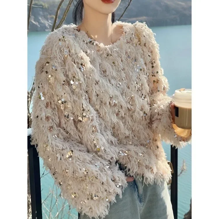 Korean Chic Sequin Tassel Sweaters Mujer 2024 Autumn New O-neck Plush Knitted Pullover Y2k E-Girl Long Sleeve Tops Women