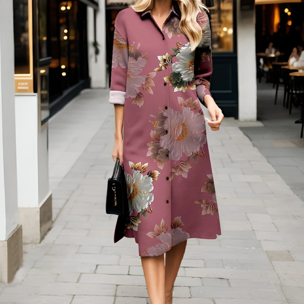 Sukienka z klapami i guzikami, letnia, codzienna odzież damska, sukienka koszulowa z kwiatowym nadrukiem, stylowa damska sukienka w stylu streetwear, długa spódnica.